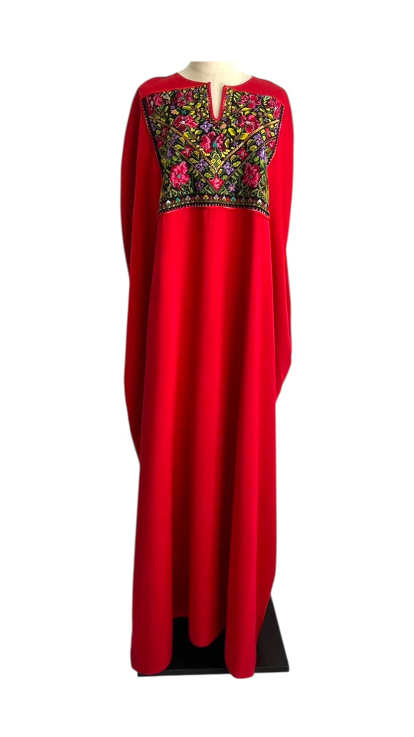 Silk red Abaya with Old Palestinian Embroidery panel 1970's