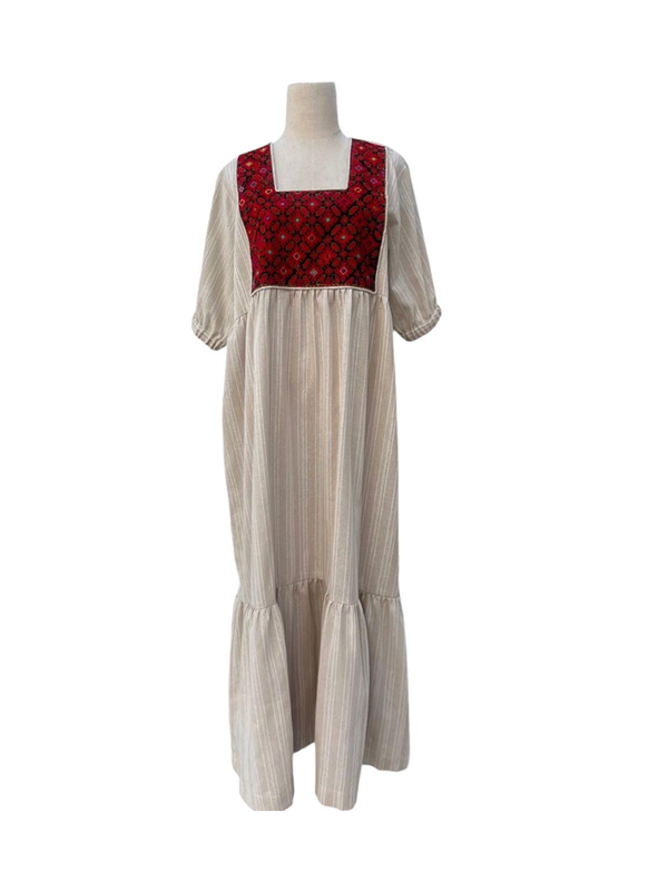 Striped Beige with Bir Al Sabea' Embroidery