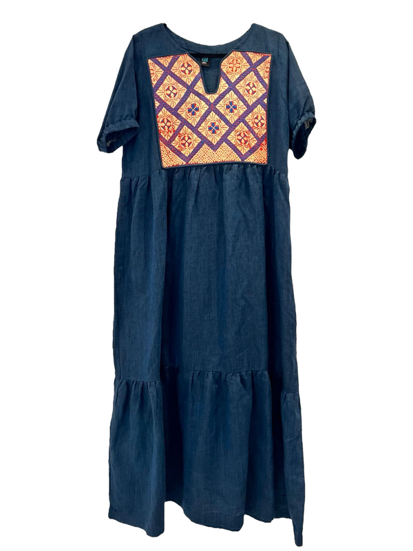 Linen blue Palestinian Embroidery Chest Panel