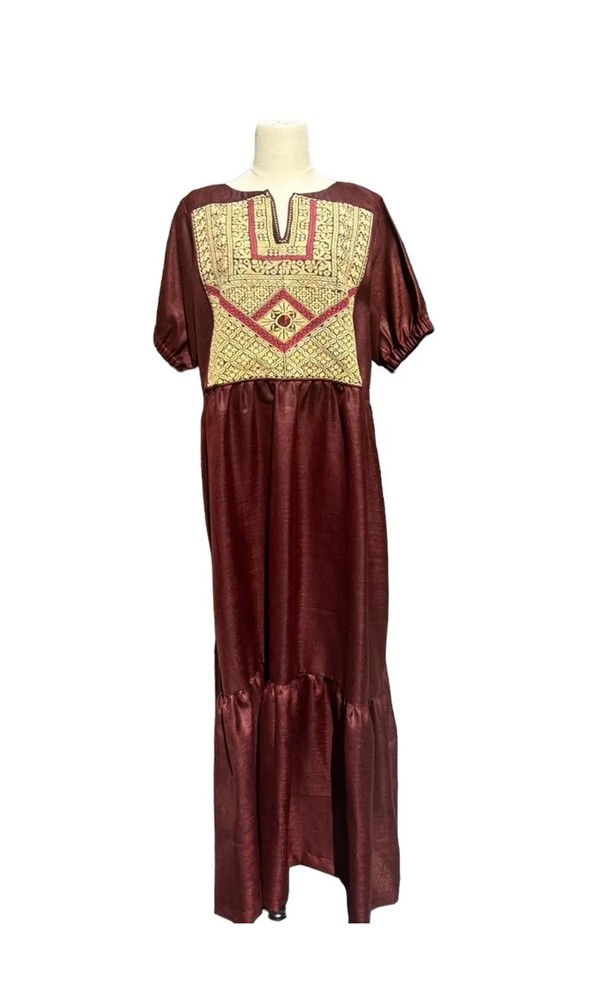Kittan Collection 2 : Brown Linen dress with Old Palestinian Chest Panel