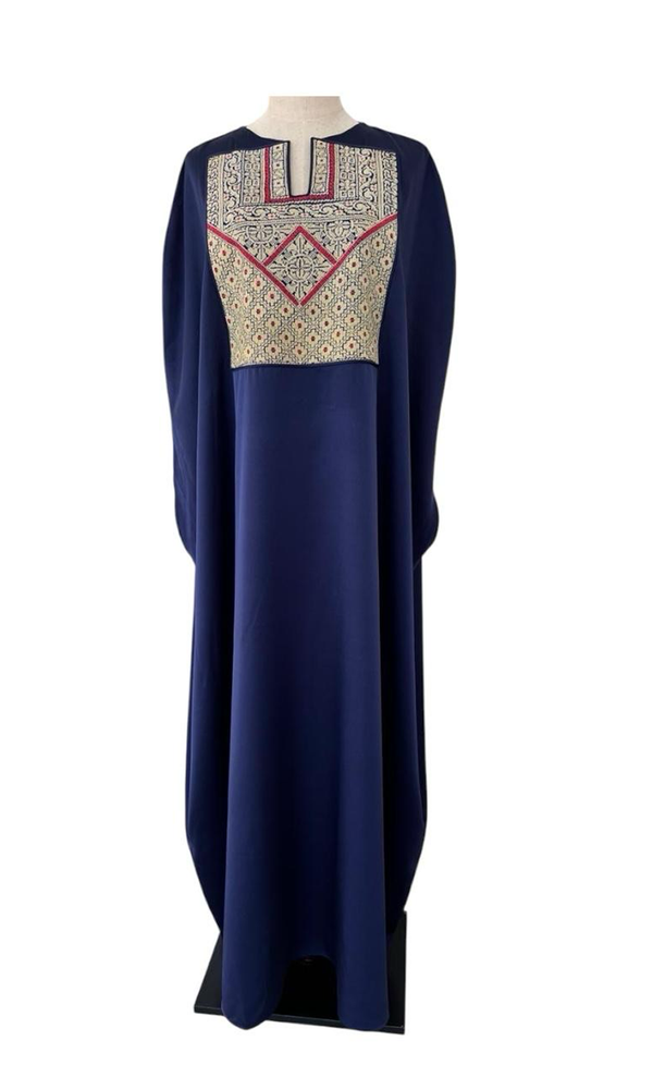 Silk Abaya Navy Blue with old Palestinian embroidery Chest Panel Jerusalem