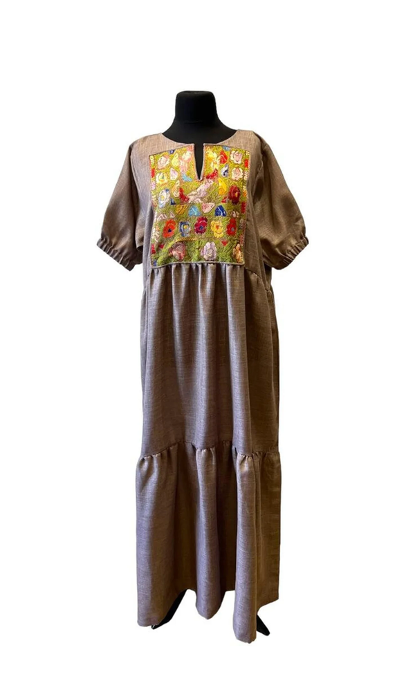 Kittan Collection 3 : Purple Linen Dress with Palestinian Embroidery Chest Panel