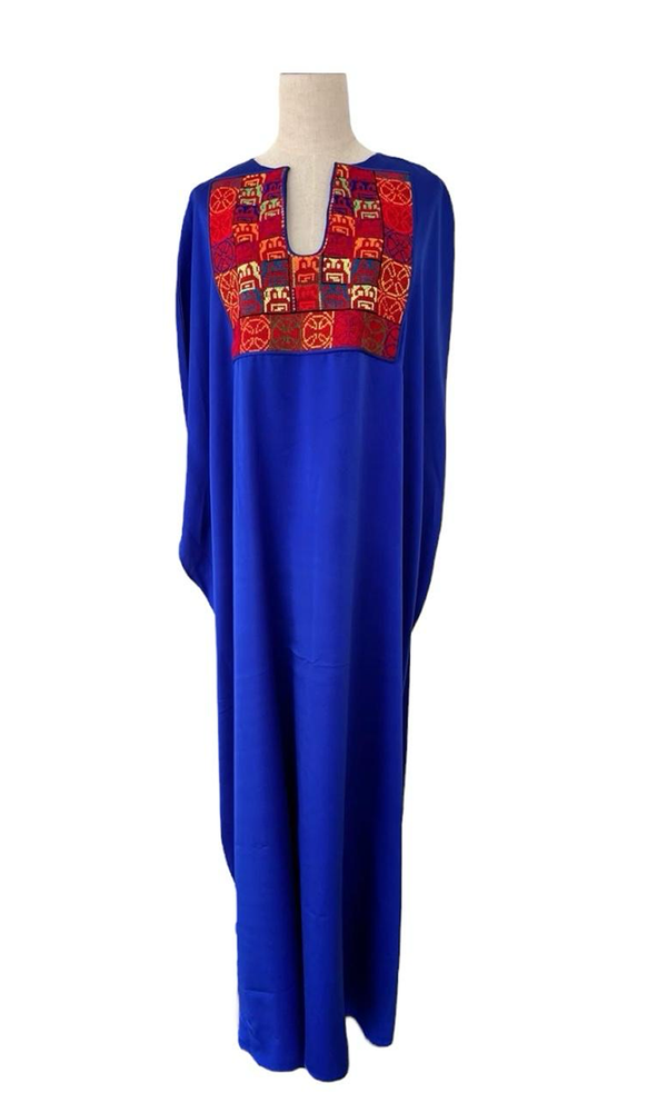 Silk Abaya Blue with Old Palestinian Embroidery Chest Panel Gaza