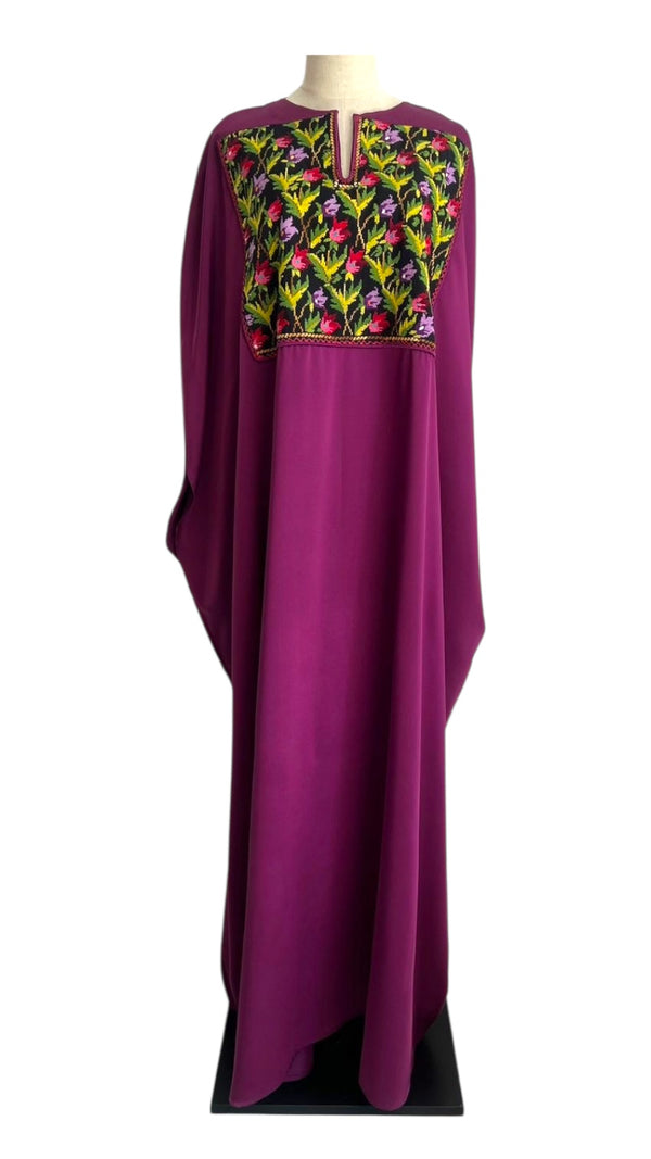 Silk plum Abaya with Old Palestinian Embroidery panel 1970's
