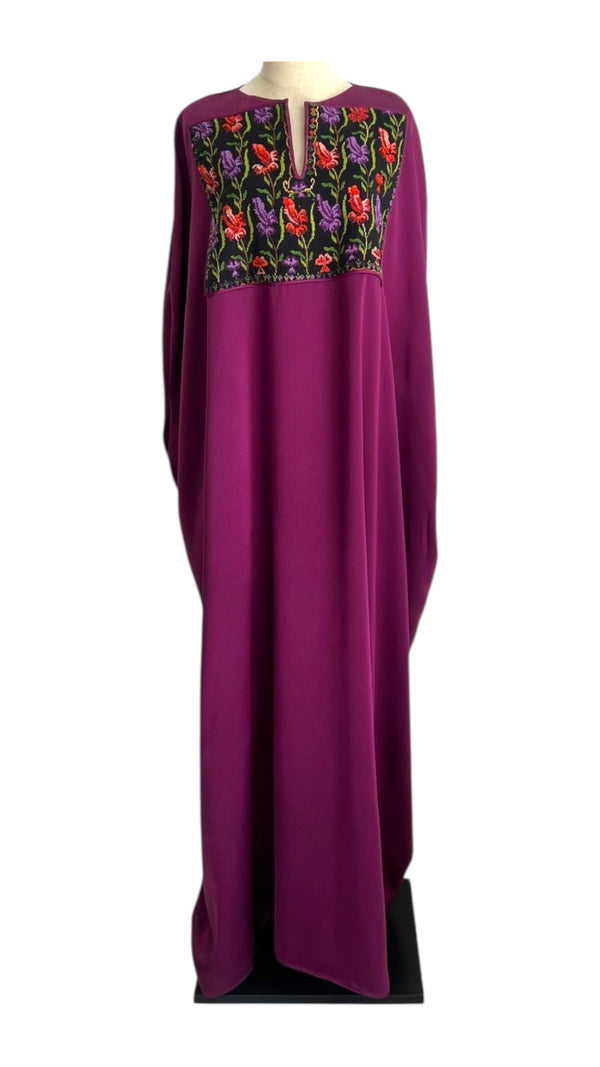 Silk plum Abaya with Old Palestinian Embroidery panel 1970's