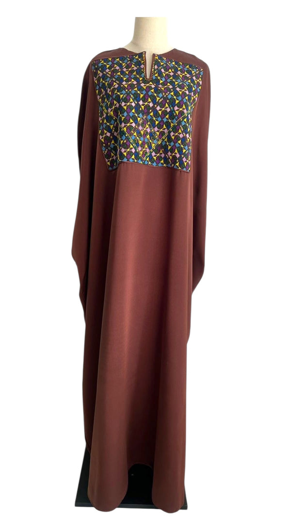 Silk mocha brown Abaya with Old Palestinian Embroidery panel 1970's