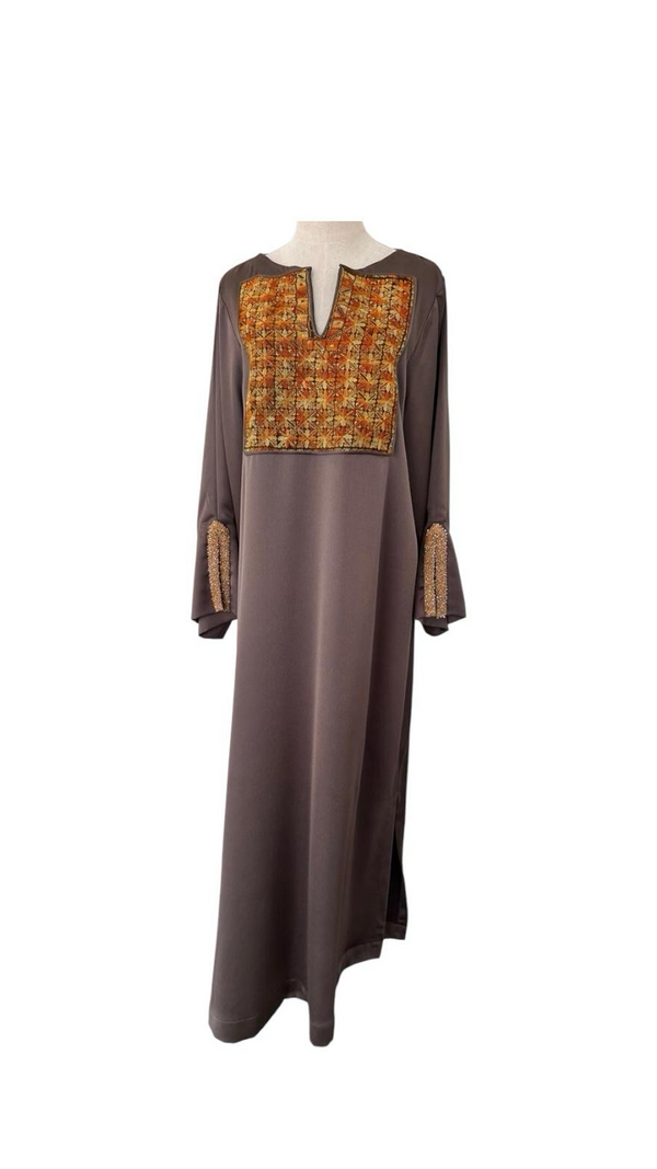 Crepe Abaya brown Jerusalem chest panel