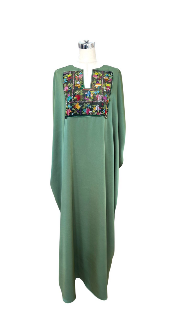 Silk Green Abaya with Old Hebron Chest Panel 1970's