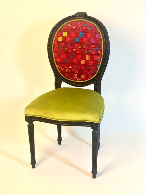 Ottoman Collection 2: Olive Colour Old Palestinian Embroidery Chair with Velvet