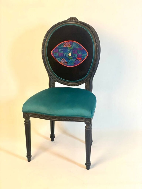 Ottoman Collection 3: Olive Colour Old Palestinian Embroidery Chair with Velvet