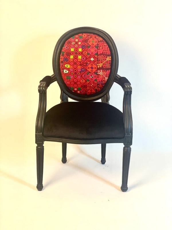 Ottoman Collection 5: Black Colour Old Palestinian Embroidery Chair with Velvet