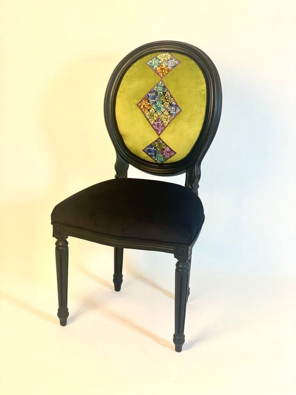 Ottoman Collection 1: Olive Colour Old Palestinian Embroidery Chair with Velvet